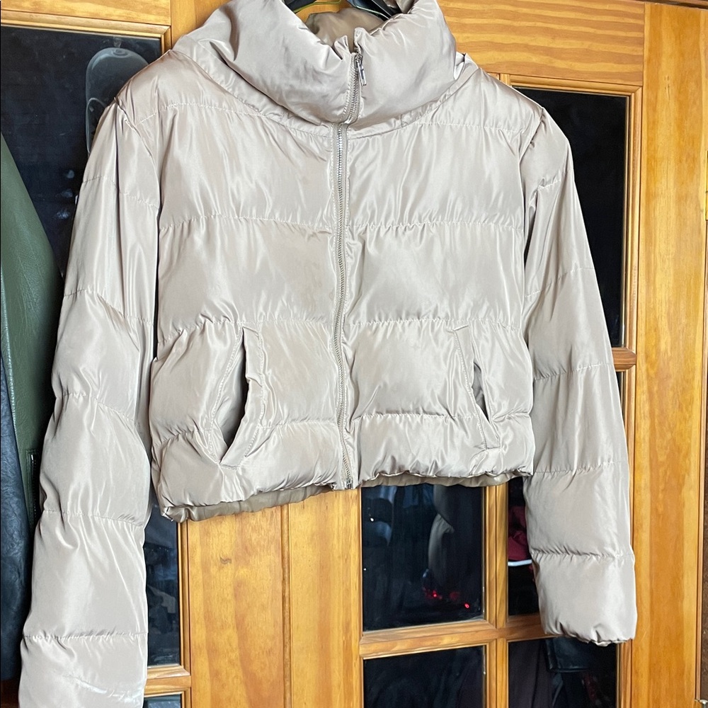 NAKED WARDROBE’S Women's Tan Puffer Ski Jacket, Size L